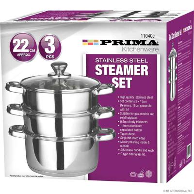 Prima Stainless Steel Steamer with Glass Lid 22cm - 3 piece