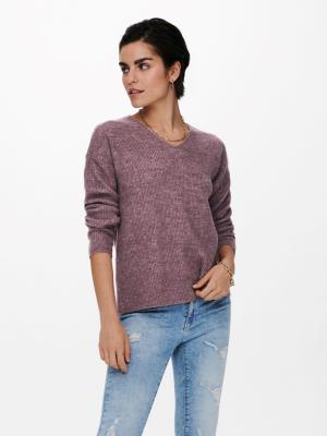 Only Camilla Long Sleeve V-Neck Knit Pullover - Wine