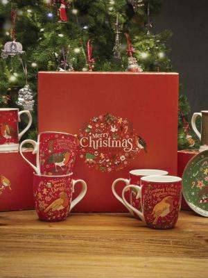Tipperary Crystal Christmas Robin Mugs - Set of 4